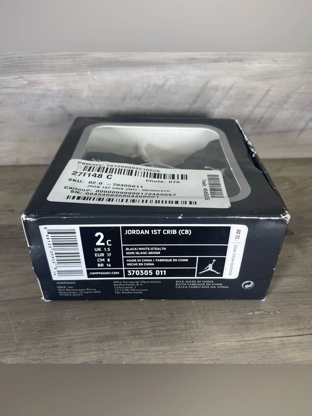 NEW IN BOX Nike Jordan 1st Crib Baby 2C Black Soft Sole Shoes 370305-011 Infant